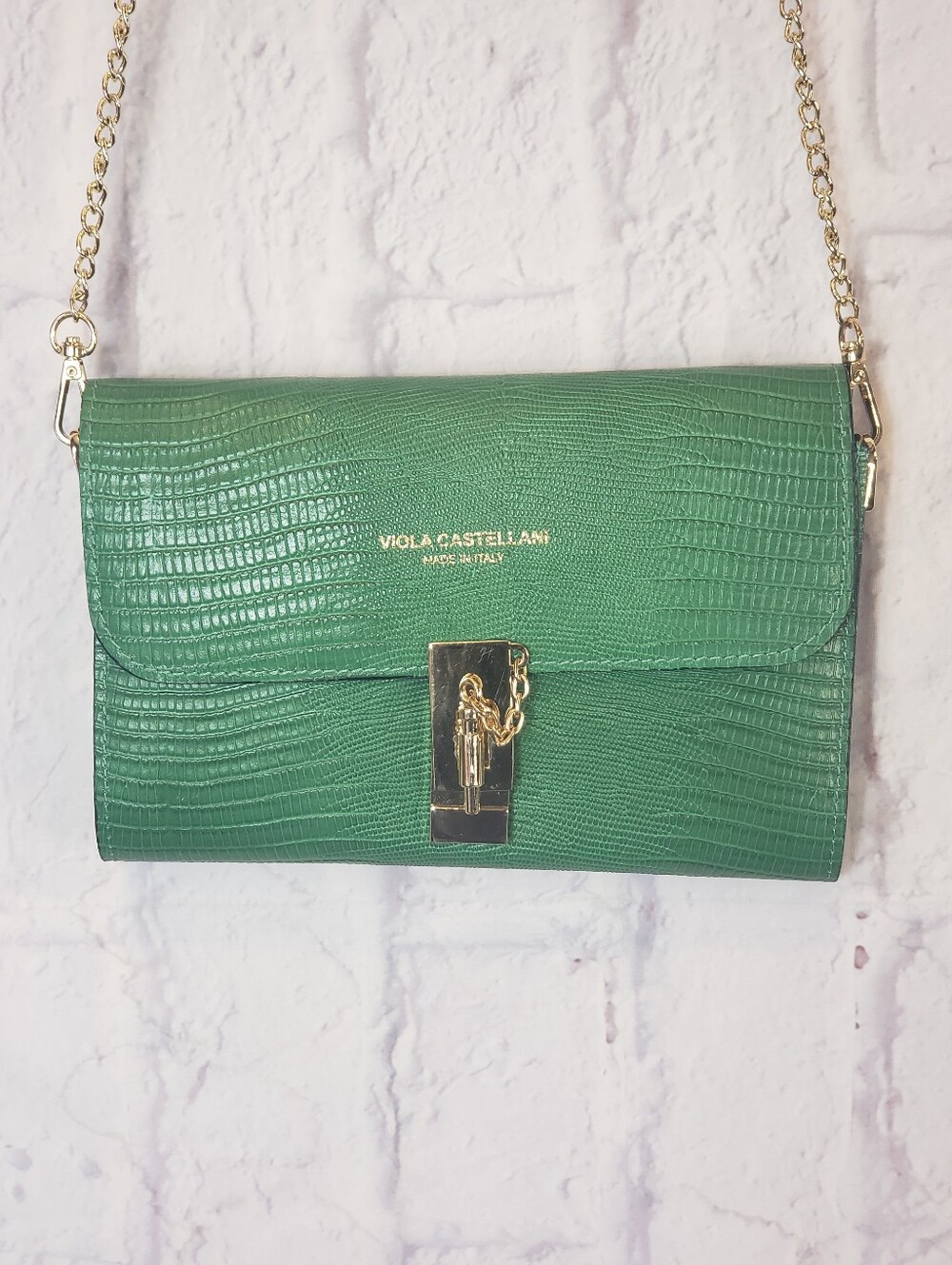 VIOLA CASTELLANI Green Lizard Embossed Coated Leather Crossbody/Clutch